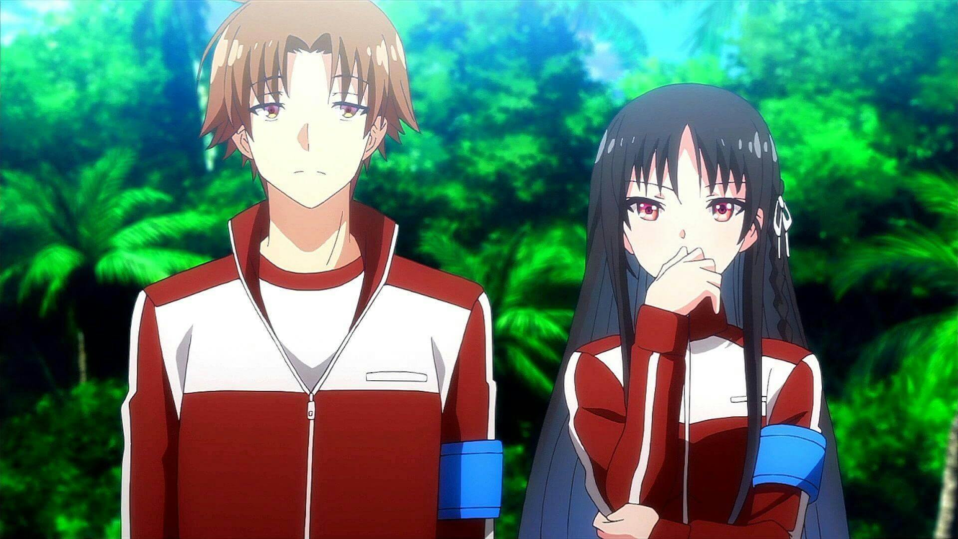 Kiyotaka e suzune no exame da ilha, com suas roupas vermelhas enquanto olham algo e suzune está com uma mão no queixo